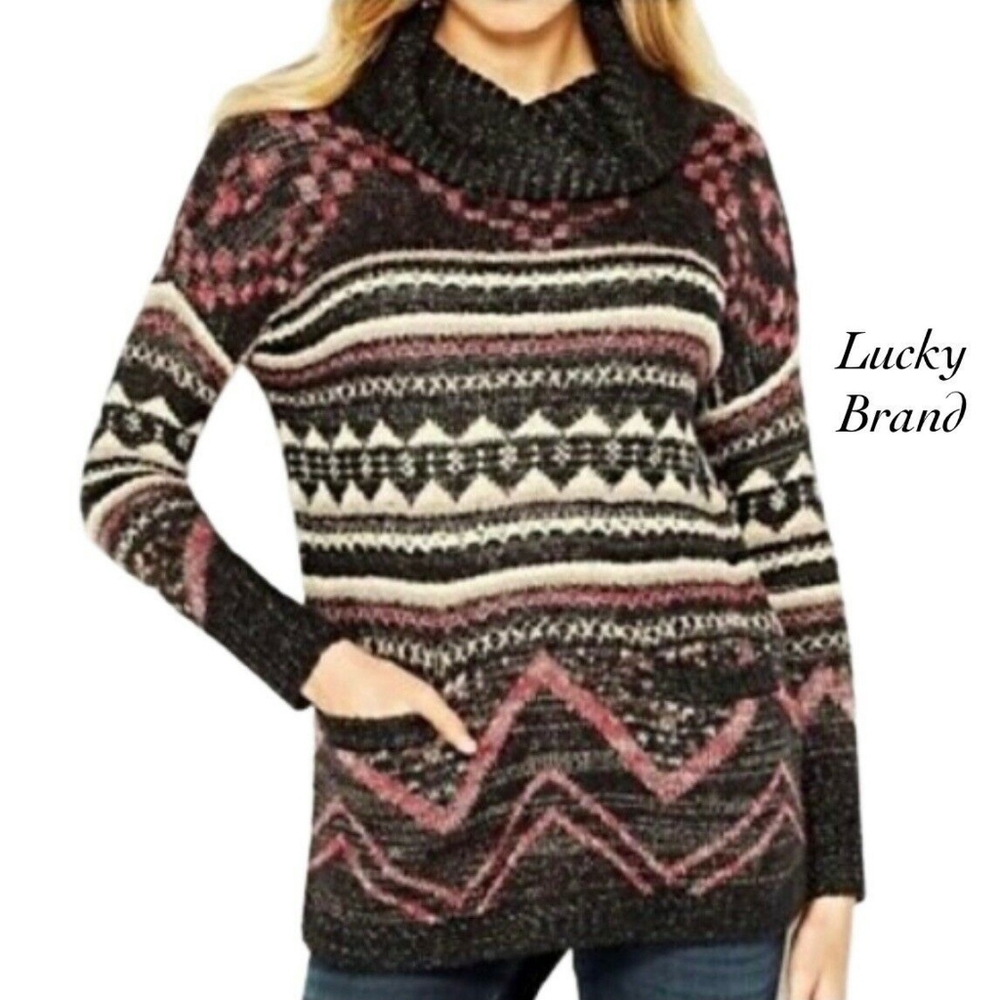 NWT Lucky Brand Black Cream Pink Wool Blend Aztec Print Turtleneck Sweater XL